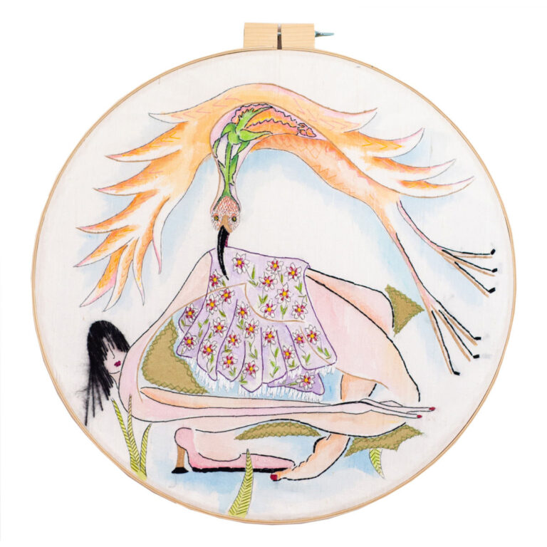 Trancendence by Carol Scavotto; an embroidery of a woman and a crane.